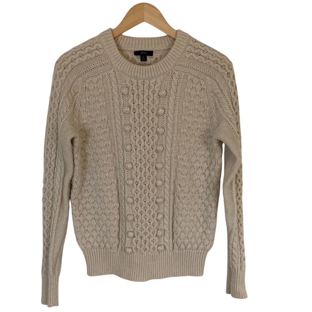 J Crew Women's Cream Lambs Wool Blend Cable Knit Chunky Sweater Size Small